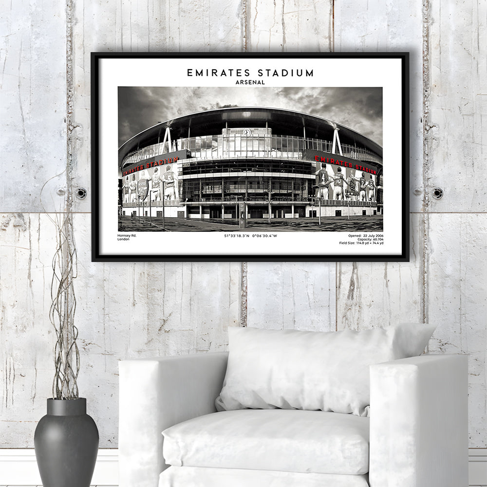 Emirates Stadium Black And White,Home Ground Print,England Football Wall Art, Framed Canvas Print Wall Art