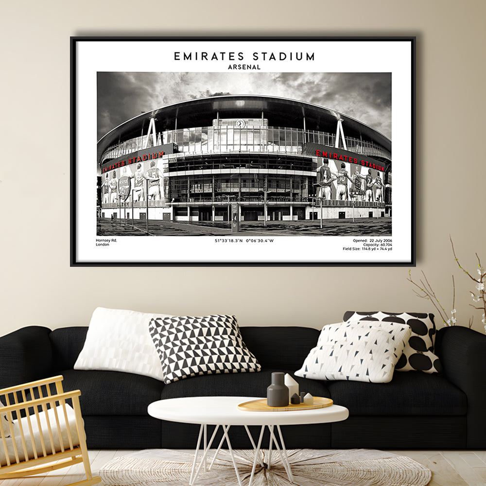 Emirates Stadium Black And White,Home Ground Print,England Football Wall Art, Framed Canvas Print Wall Art