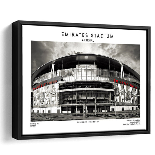 Emirates Stadium Black And White,Home Ground Print,England Football Wall Art, Framed Canvas Print Wall Art