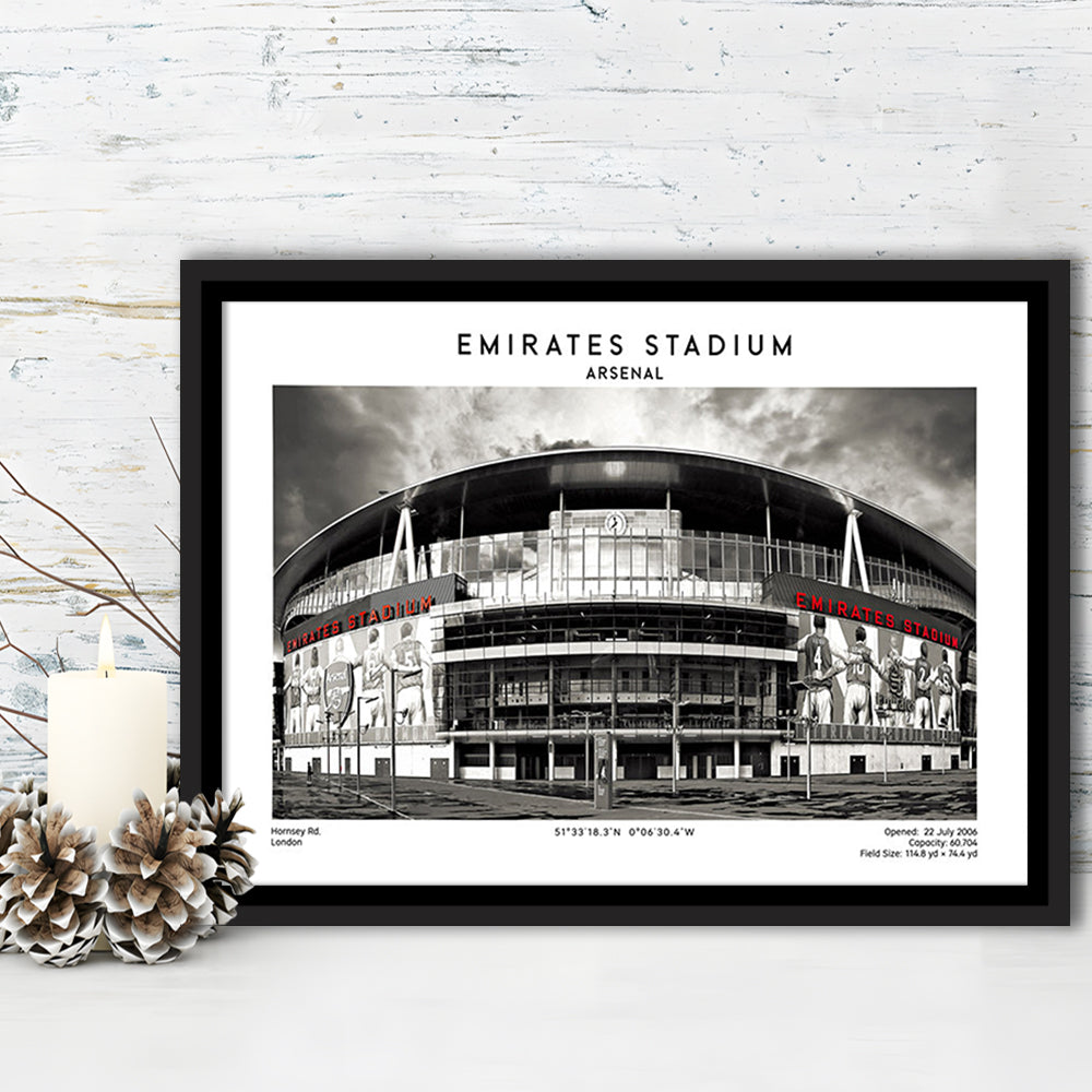 Emirates Stadium Black And White,Home Ground Print,England Football Wall Art, Framed Canvas Print Wall Art