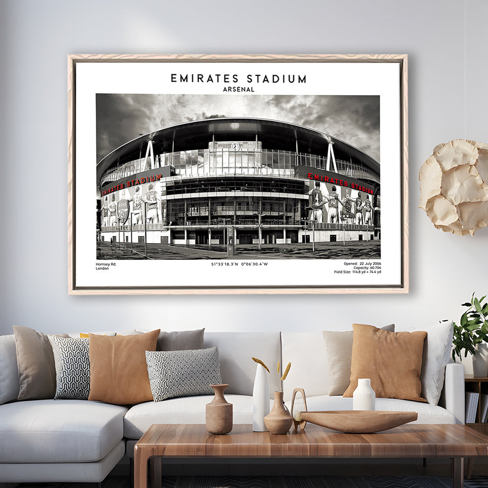 Emirates Stadium Black And White,Home Ground Print,England Football Wall Art, Framed Canvas Print Wall Art