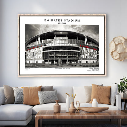 Emirates Stadium Black And White,Home Ground Print,England Football Wall Art, Framed Canvas Print Wall Art