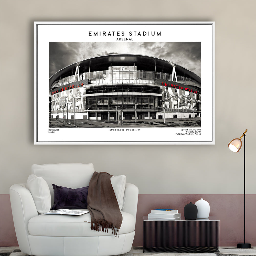 Emirates Stadium Black And White,Home Ground Print,England Football Wall Art, Framed Canvas Print Wall Art