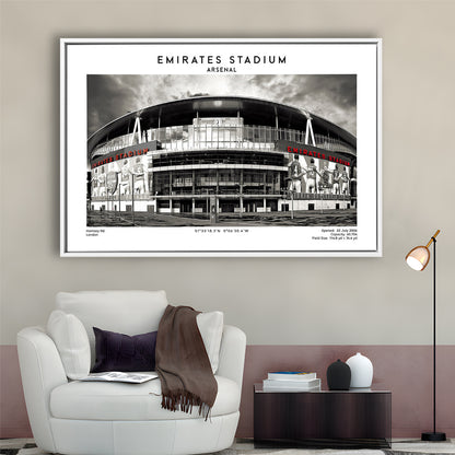 Emirates Stadium Black And White,Home Ground Print,England Football Wall Art, Framed Canvas Print Wall Art