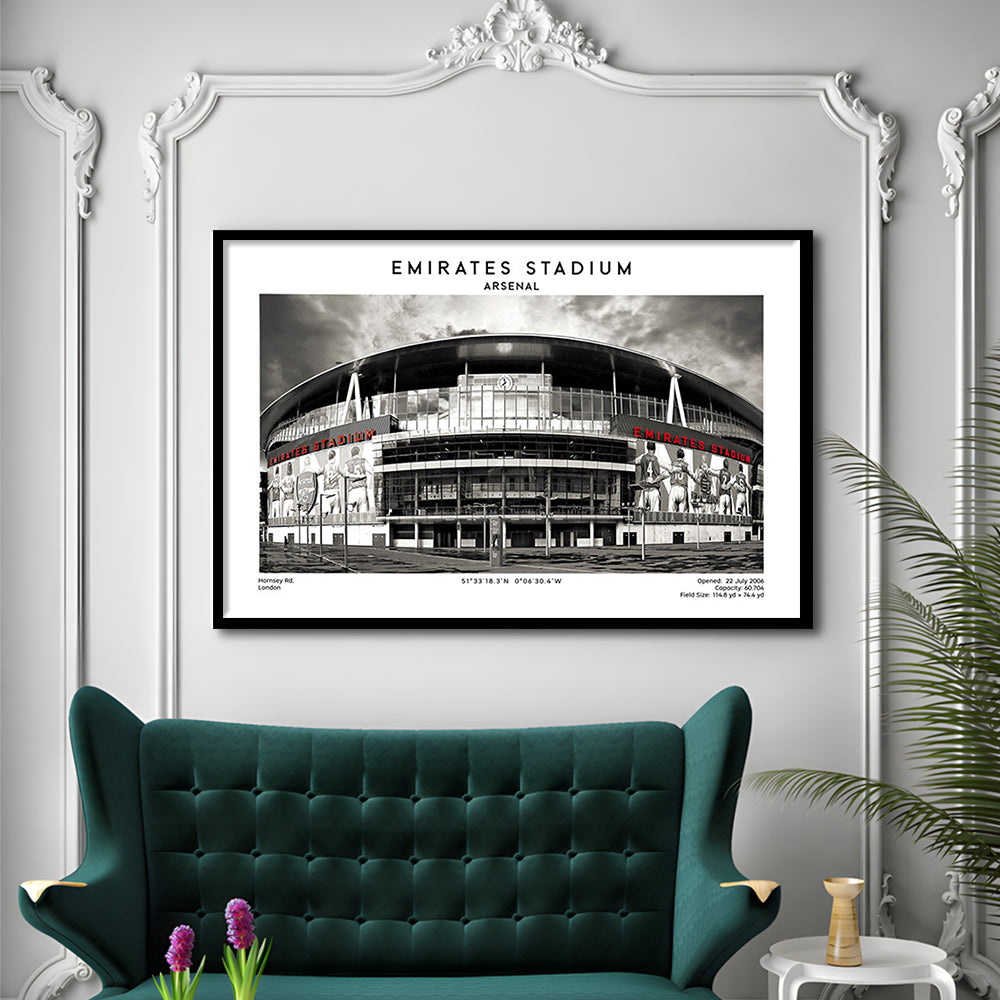 Emirates Stadium Black And White,Home Ground Print,England Football Wall Art, Framed Art Print Wall Decor