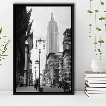 Empire State Building Black and White Art New York Street Scene, Floating Framed Canvas Print