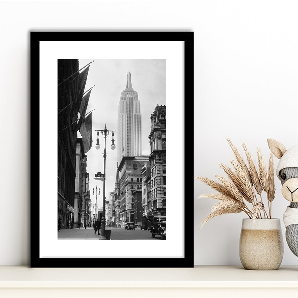 Empire State Building Black and White Art New York Street Scene, Framed Art Print White Border Wall Decor
