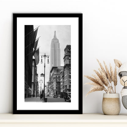 Empire State Building Black and White Art New York Street Scene, Framed Art Print White Border Wall Decor