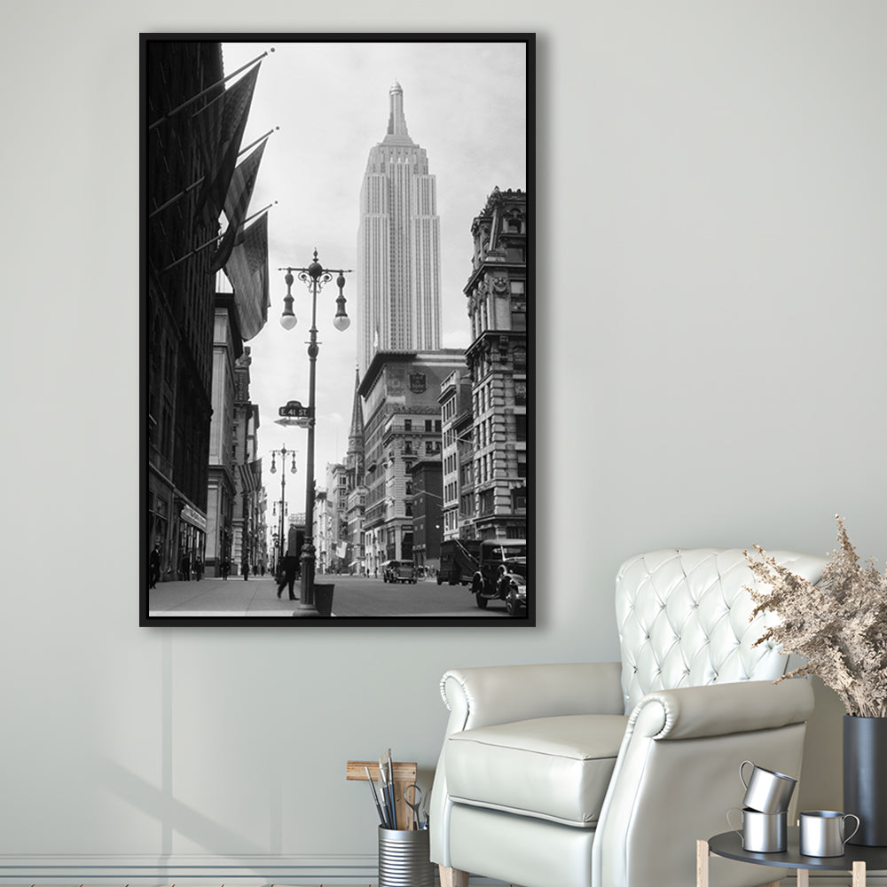 Empire State Building Black and White Art New York Street Scene, Floating Framed Canvas Print