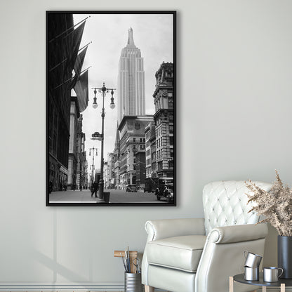 Empire State Building Black and White Art New York Street Scene, Floating Framed Canvas Print