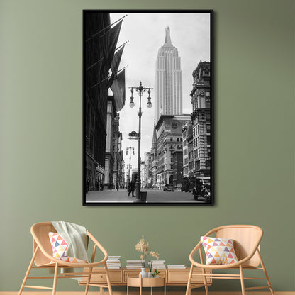 Empire State Building Black and White Art New York Street Scene, Floating Framed Canvas Print