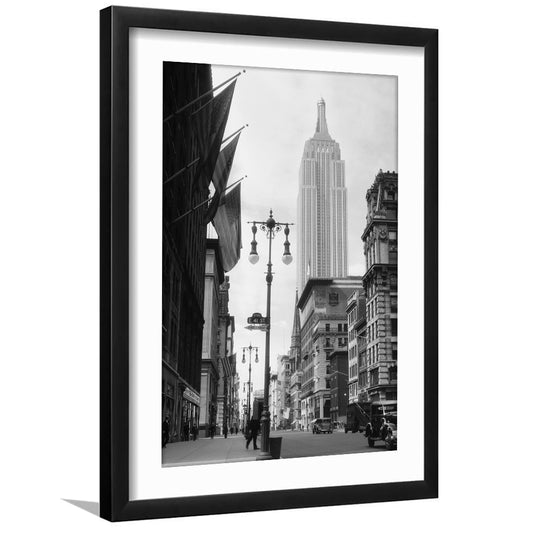 Empire State Building Black and White Art New York Street Scene, Framed Art Print White Border Wall Decor