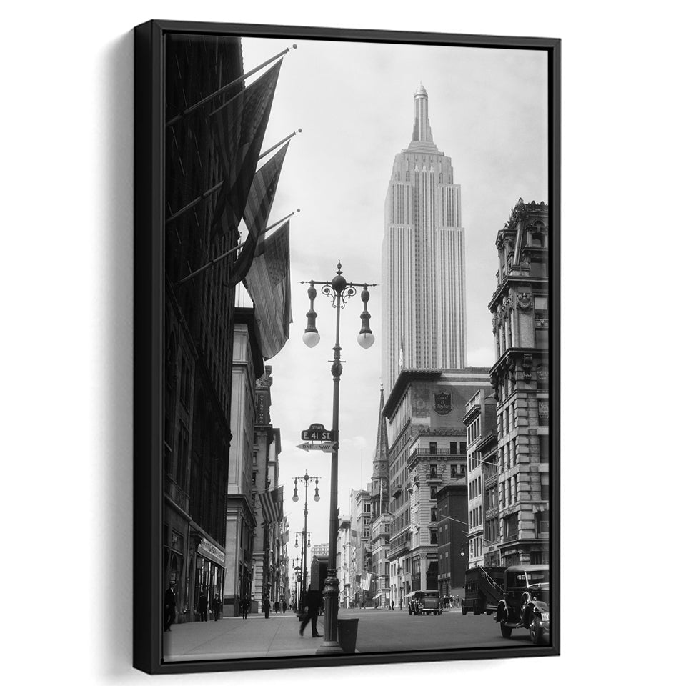 Empire State Building Black and White Art New York Street Scene, Floating Framed Canvas Print