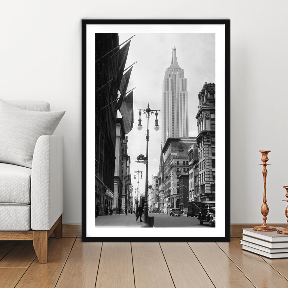 Empire State Building Black and White Art New York Street Scene, Framed Art Print White Border Wall Decor