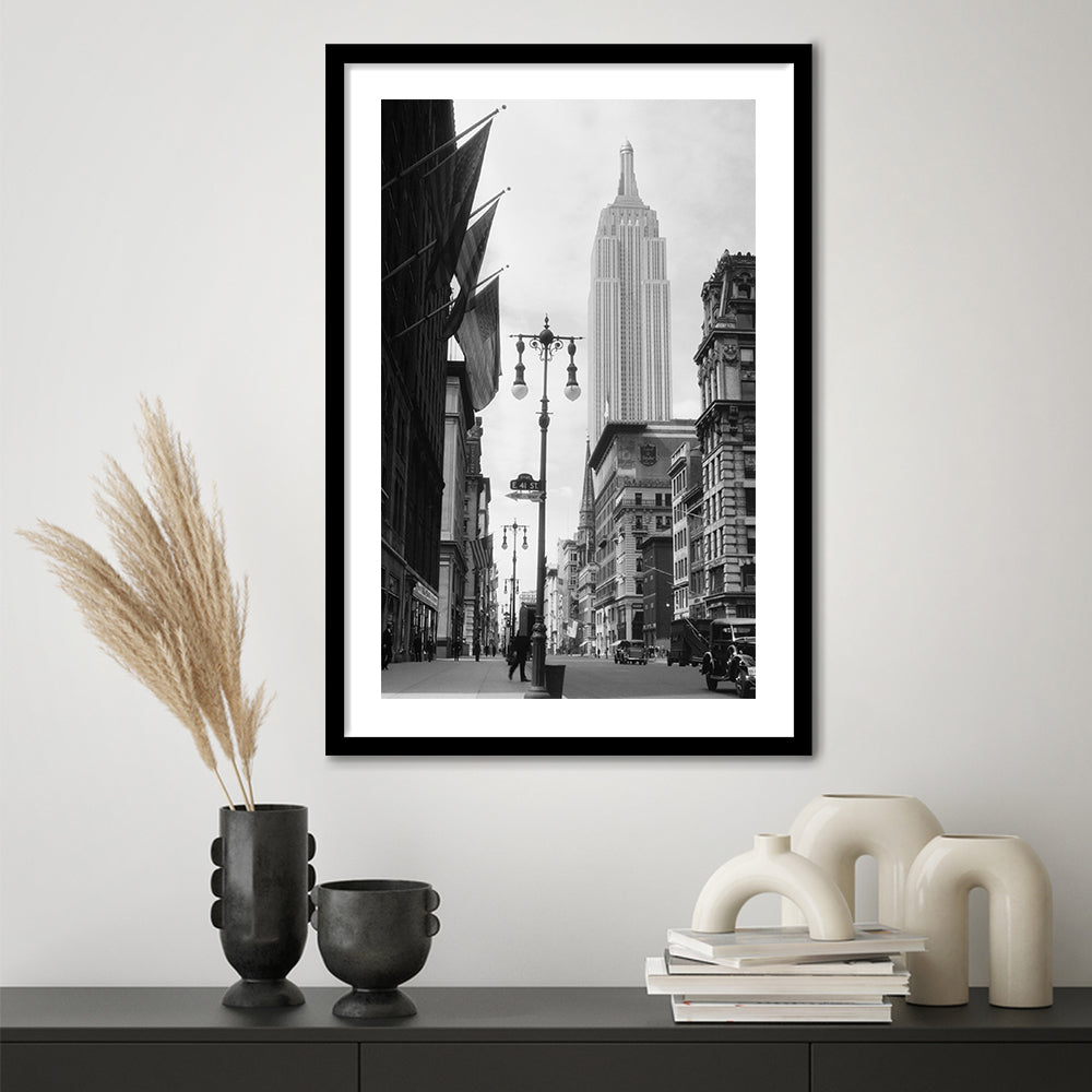 Empire State Building Black and White Art New York Street Scene, Framed Art Print White Border Wall Decor