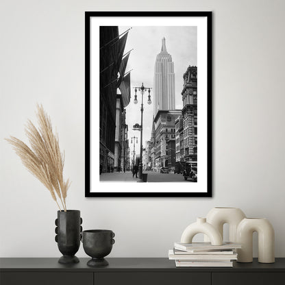 Empire State Building Black and White Art New York Street Scene, Framed Art Print White Border Wall Decor