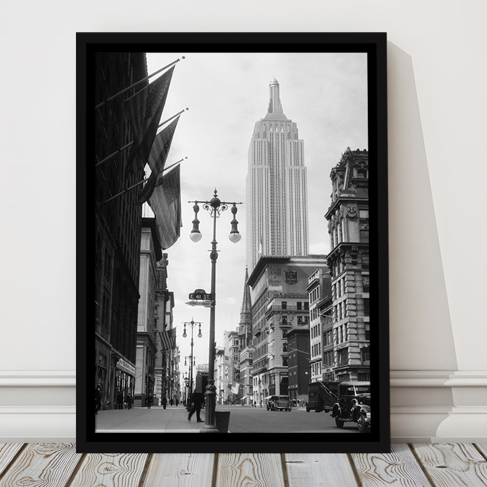 Empire State Building Black and White Art New York Street Scene, Floating Framed Canvas Print