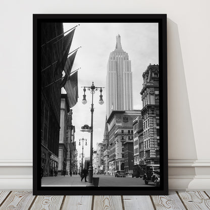 Empire State Building Black and White Art New York Street Scene, Floating Framed Canvas Print