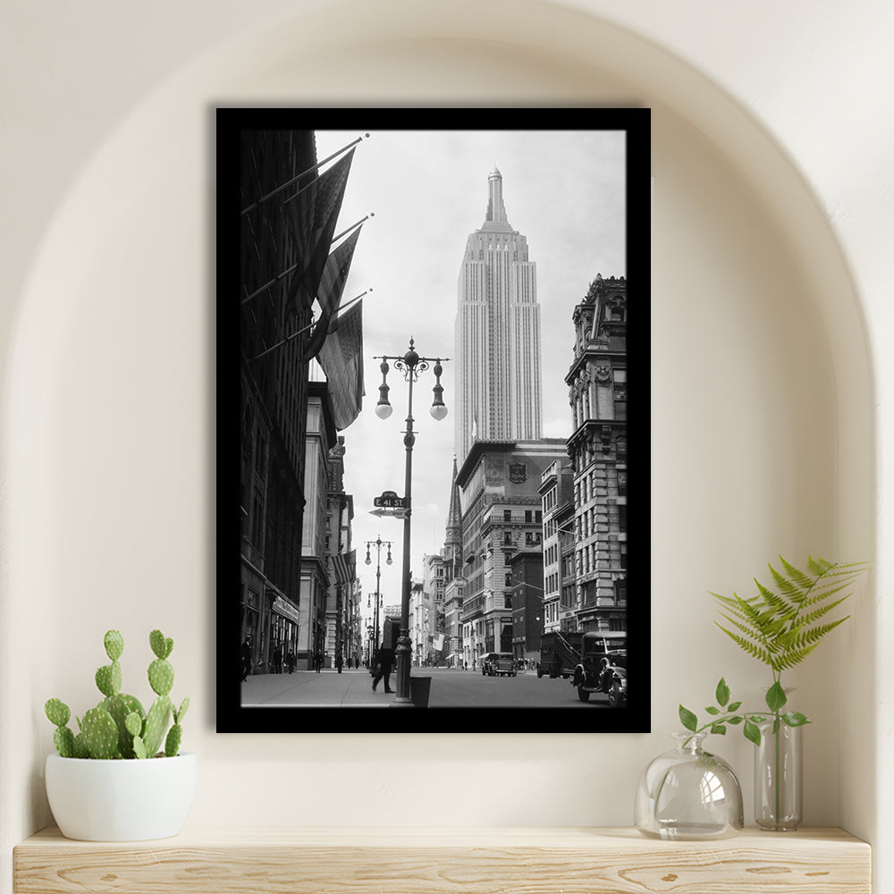 Empire State Building Black and White Art New York Street Scene, Framed Art Print Wall Decor