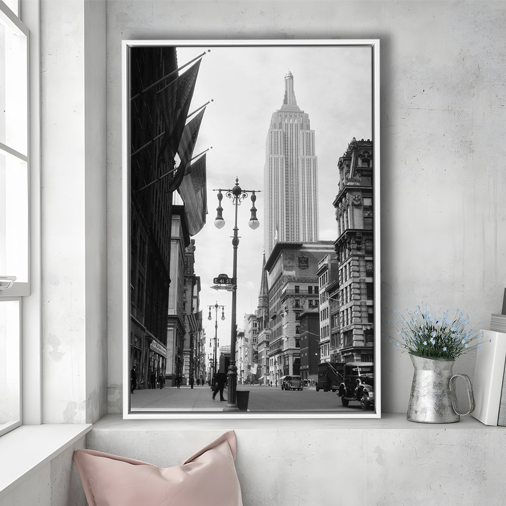 Empire State Building Black and White Art New York Street Scene, Floating Framed Canvas Print