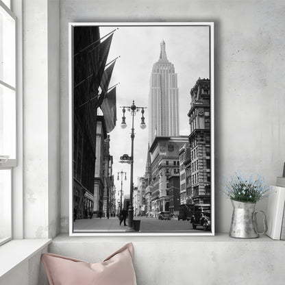 Empire State Building Black and White Art New York Street Scene, Floating Framed Canvas Print