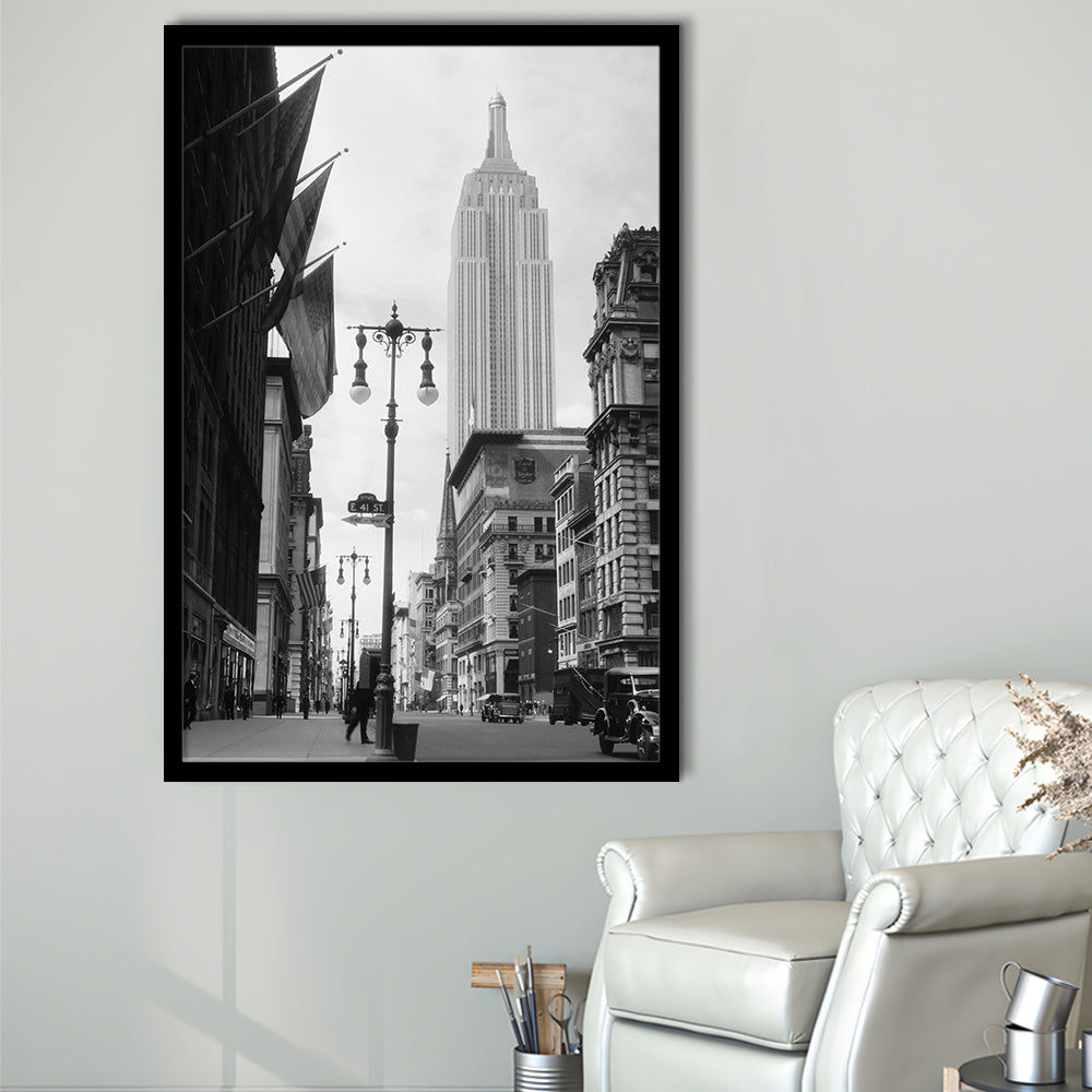 Empire State Building Black and White Art New York Street Scene, Framed Art Print Wall Decor
