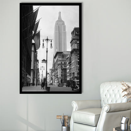 Empire State Building Black and White Art New York Street Scene, Framed Art Print Wall Decor