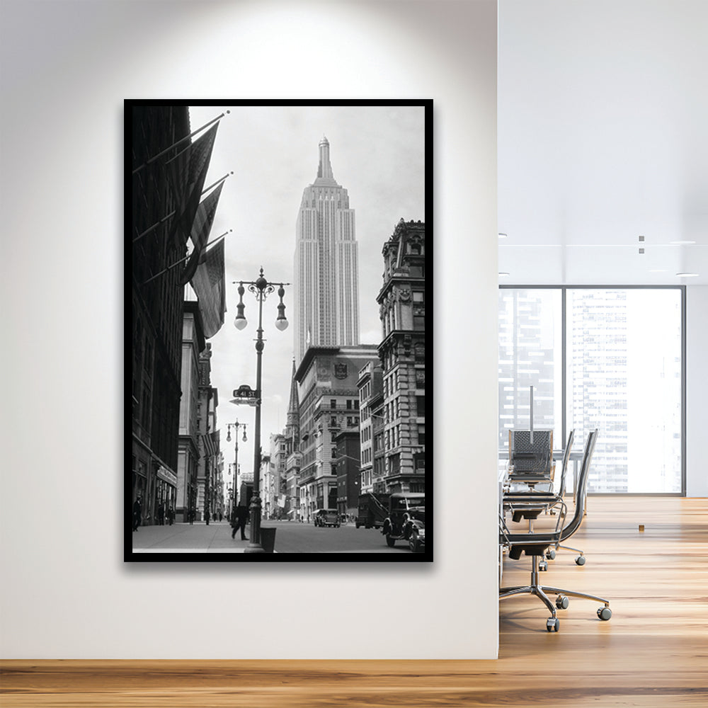 Empire State Building Black and White Art New York Street Scene, Framed Art Print Wall Decor