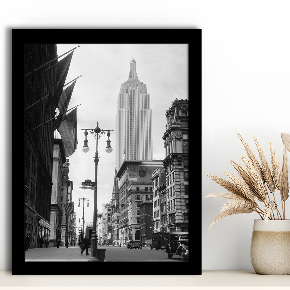 Empire State Building Black and White Art New York Street Scene, Framed Art Print Wall Decor