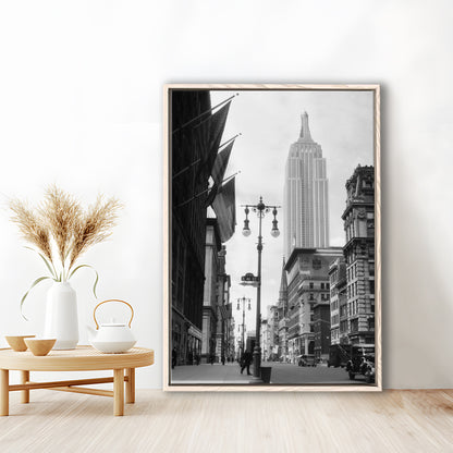 Empire State Building Black and White Art New York Street Scene, Floating Framed Canvas Print