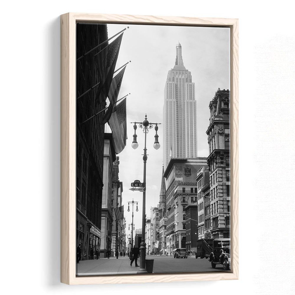 Empire State Building Black and White Art New York Street Scene, Floating Framed Canvas Print
