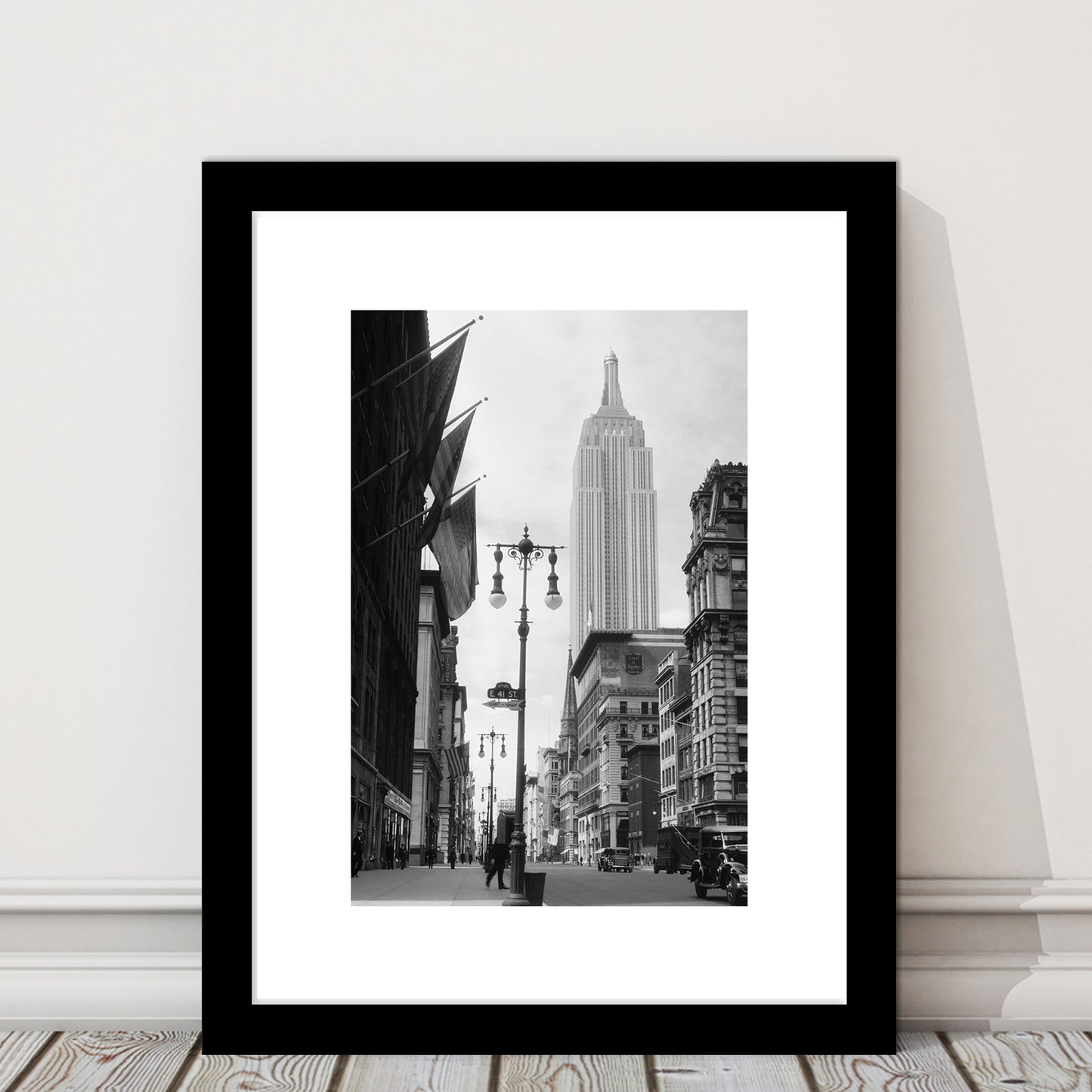 Empire State Building Black and White Art New York Street Scene, Framed Art Print White Border Wall Decor
