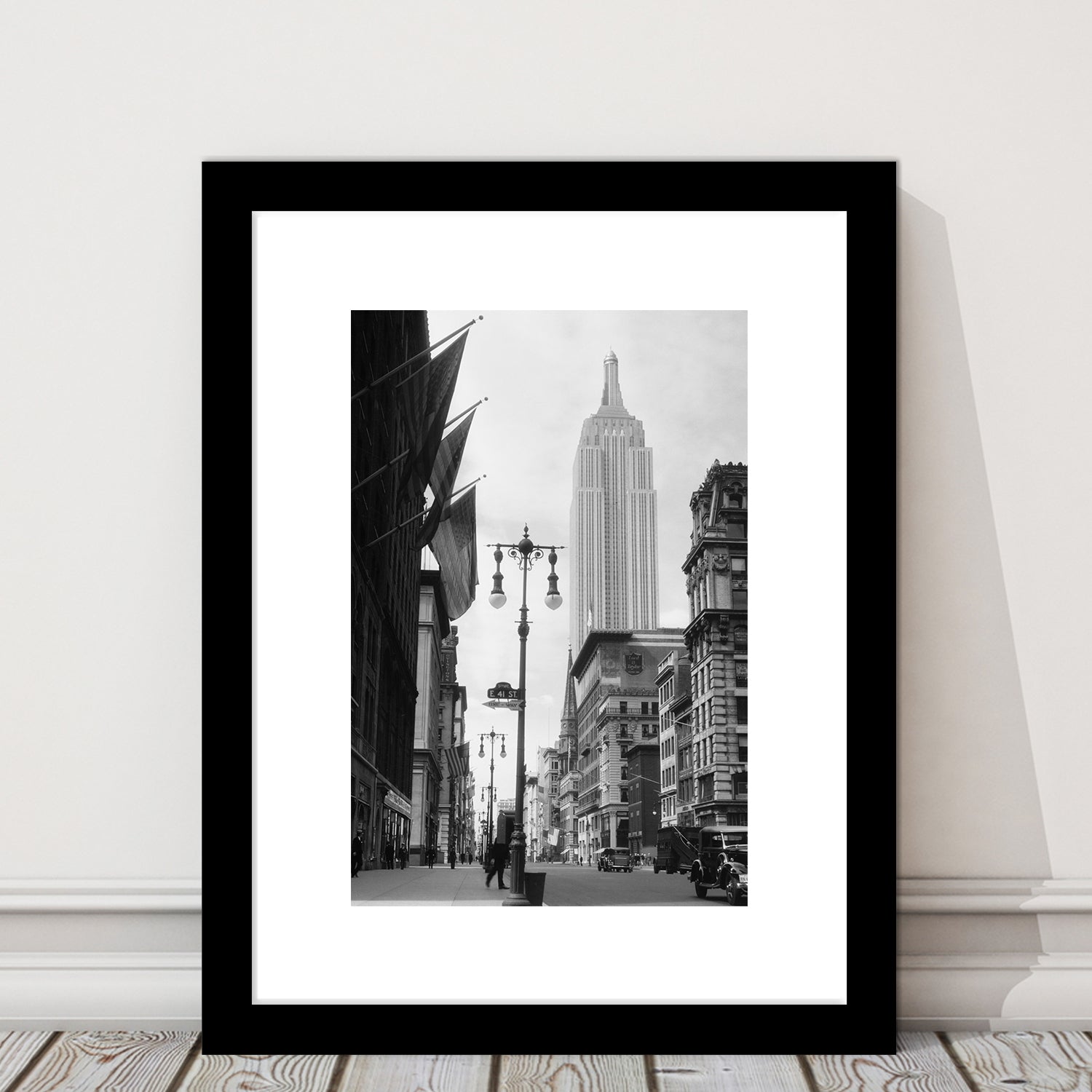Empire State Building Black and White Art New York Street Scene, Framed Art Print White Border Wall Decor