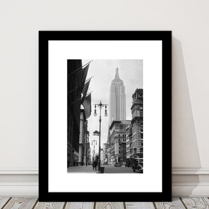 Empire State Building Black and White Art New York Street Scene, Framed Art Print White Border Wall Decor