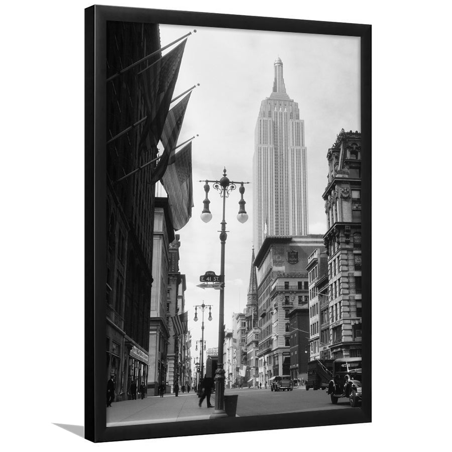 Empire State Building Black and White Art New York Street Scene, Framed Art Print Wall Decor
