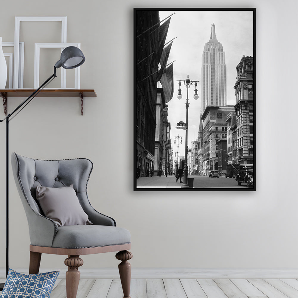 Empire State Building Black and White Art New York Street Scene, Floating Framed Canvas Print
