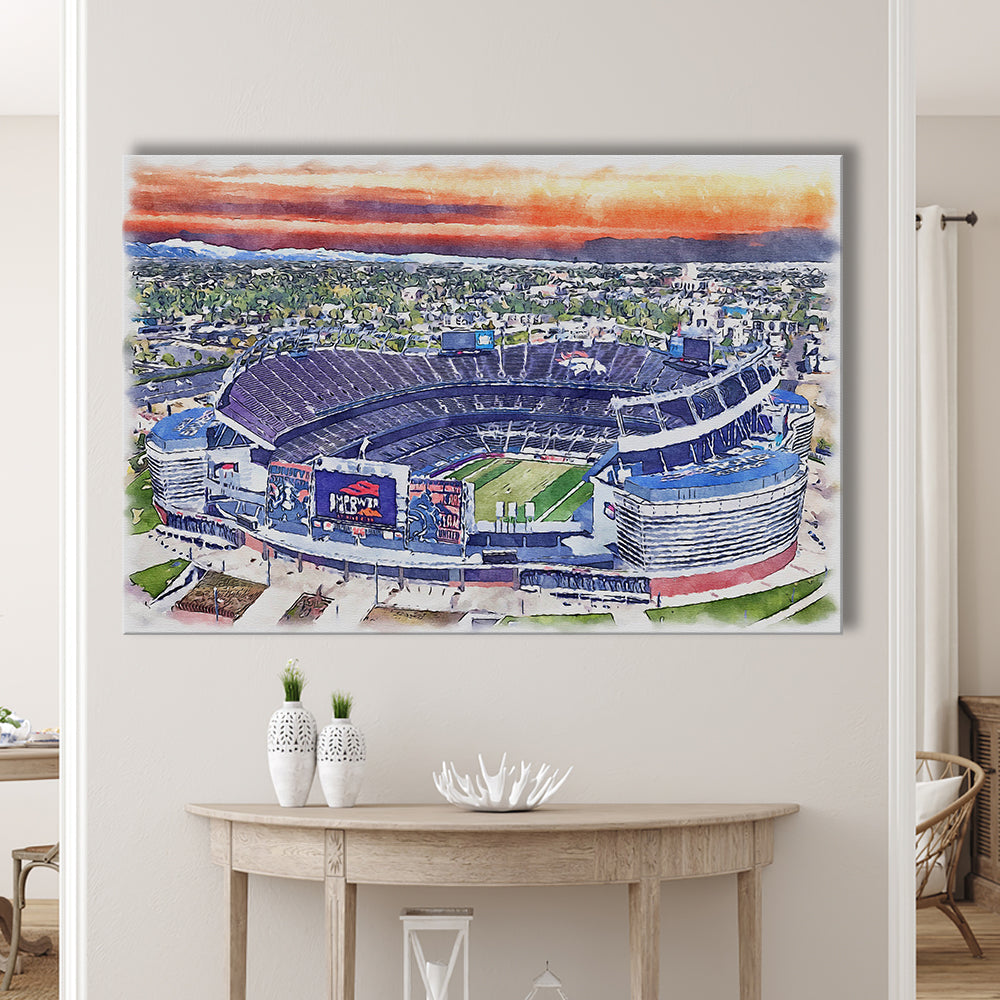Empower Field, Broncos Painting Stadium Watercolor, Sport Art, Gifts for him, Canvas Print Wall Art
