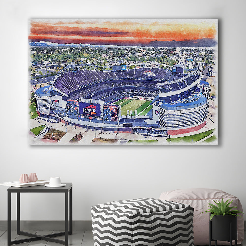 Empower Field, Broncos Painting Stadium Watercolor, Sport Art, Gifts for him, Canvas Print Wall Art