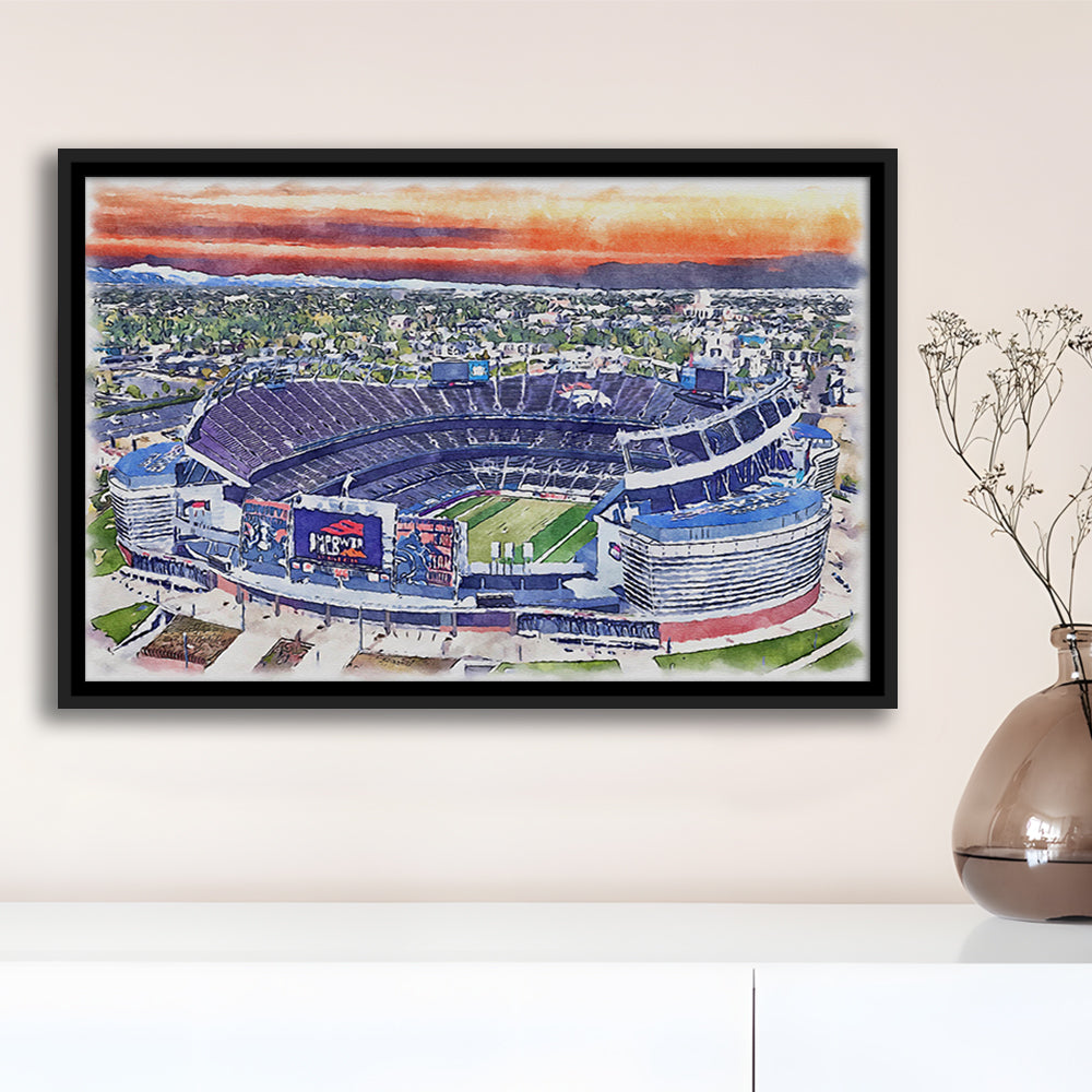 Empower Field, Broncos Painting Stadium Watercolor, Sport Gift Art, Framed Canvas Print Wall Art