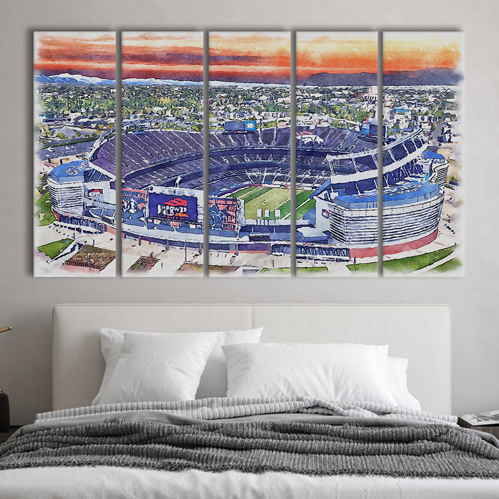 Empower Field, Broncos Painting Stadium Watercolor, Sport Art, Extra Large Canvas Print Wall Art