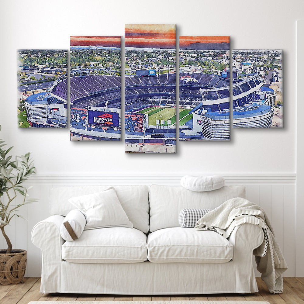 Empower Field, Broncos Painting Stadium Watercolor, Sport Art, Mixed 5 Panel, Canvas Print Wall Art