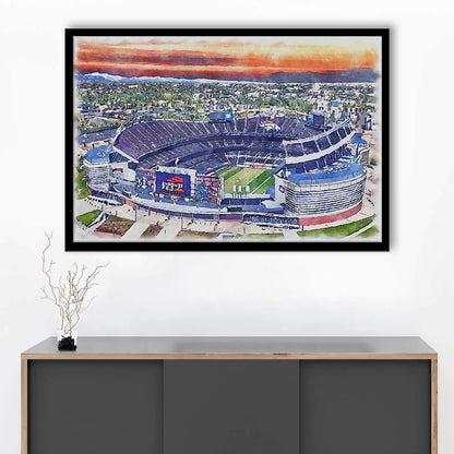 Empower Field, Broncos Painting Stadium Watercolor, Sport Gift Art, Framed Art Print Wall Decor
