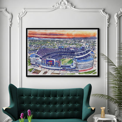 Empower Field, Broncos Painting Stadium Watercolor, Sport Gift Art, Framed Art Print Wall Decor