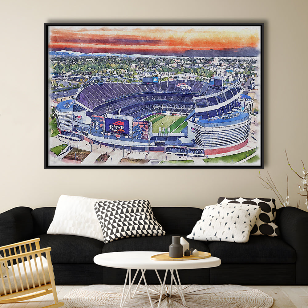 Empower Field, Broncos Painting Stadium Watercolor, Sport Gift Art, Framed Canvas Print Wall Art