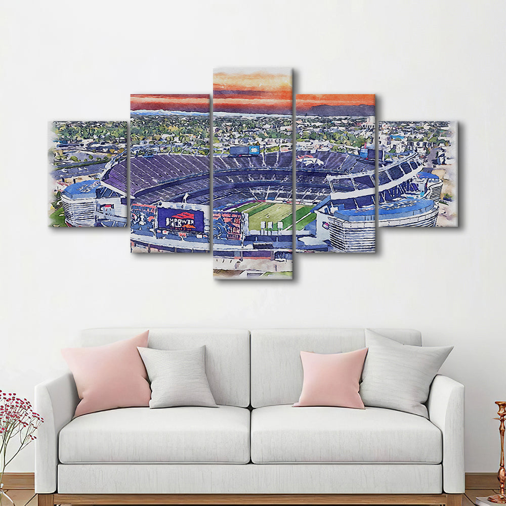 Empower Field, Broncos Painting Stadium Watercolor, Sport Art, Mixed 5 Panel, Canvas Print Wall Art