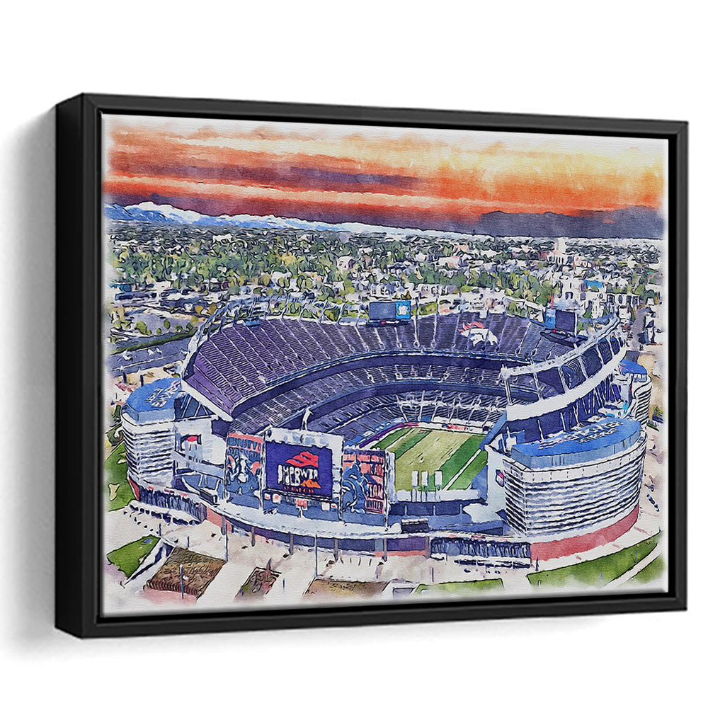 Empower Field, Broncos Painting Stadium Watercolor, Sport Gift Art, Framed Canvas Print Wall Art