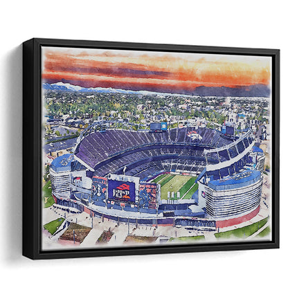 Empower Field, Broncos Painting Stadium Watercolor, Sport Gift Art, Framed Canvas Print Wall Art