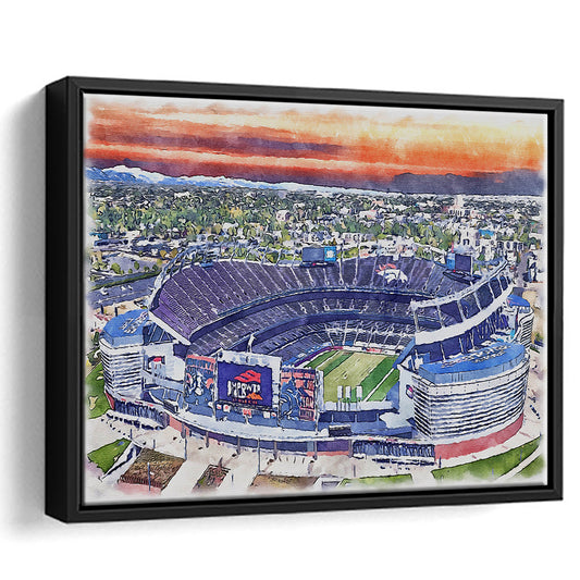 Empower Field, Broncos Painting Stadium Watercolor, Sport Gift Art, Framed Canvas Print Wall Art