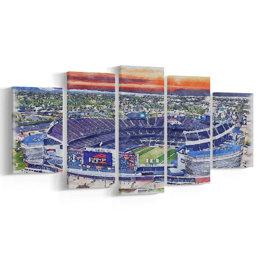 Empower Field, Broncos Painting Stadium Watercolor, Sport Art, Mixed 5 Panel, Canvas Print Wall Art
