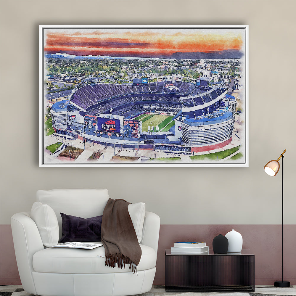 Empower Field, Broncos Painting Stadium Watercolor, Sport Gift Art, Framed Canvas Print Wall Art